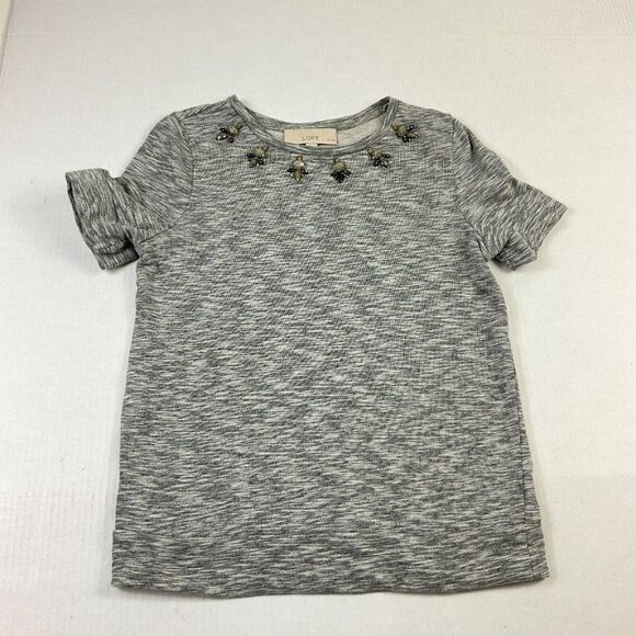 LOFT Womens Cotton Beaded Sweatshirt Gray Short Sleeve Pullover PS Petites - Picture 1 of 12